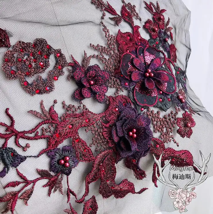 Burgundy 3D Lace Flowers Applique Trim 29*35CM