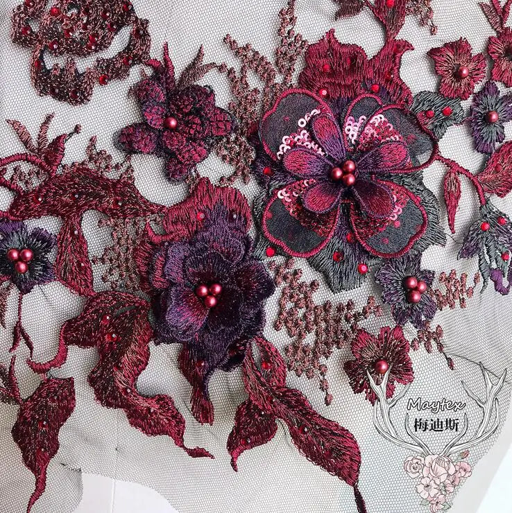 Burgundy 3D Lace Flowers Applique Trim 29*35CM