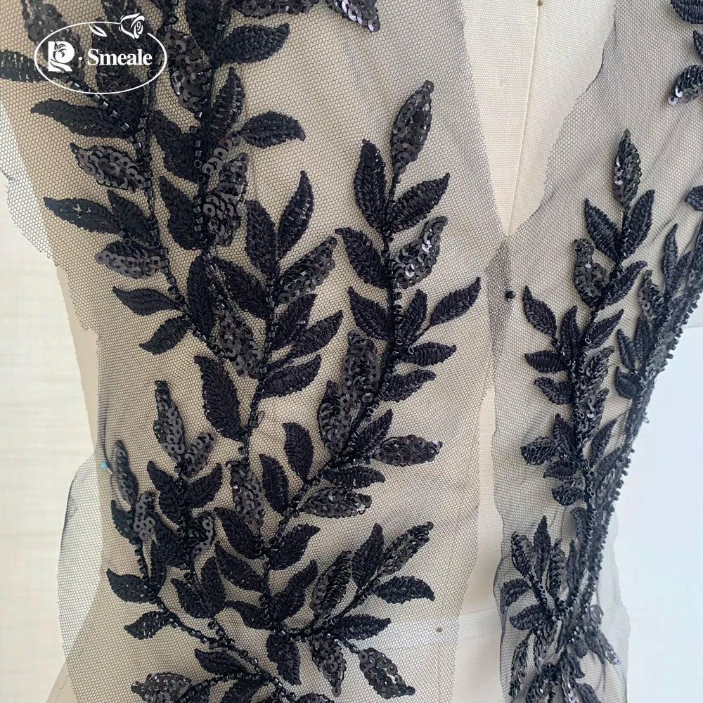 46 x 12.5CM High-quality Beaded Sequin Leaves Embroidered Lace Applique