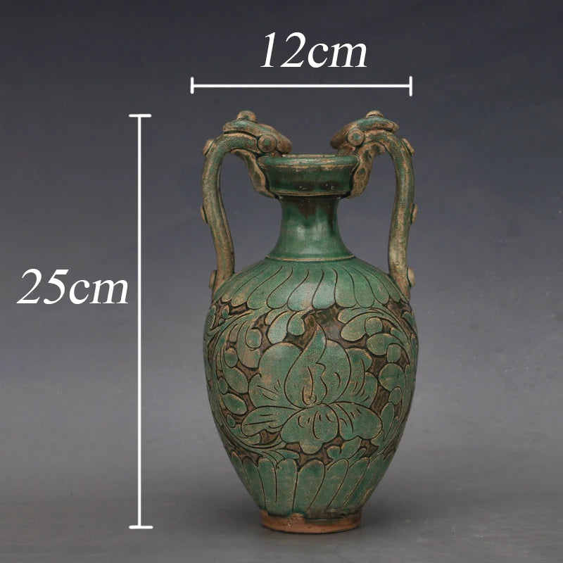 China Song Dynasty Cizhou Kiln Green Glaze Twin Dragon Antique Porcelain vase