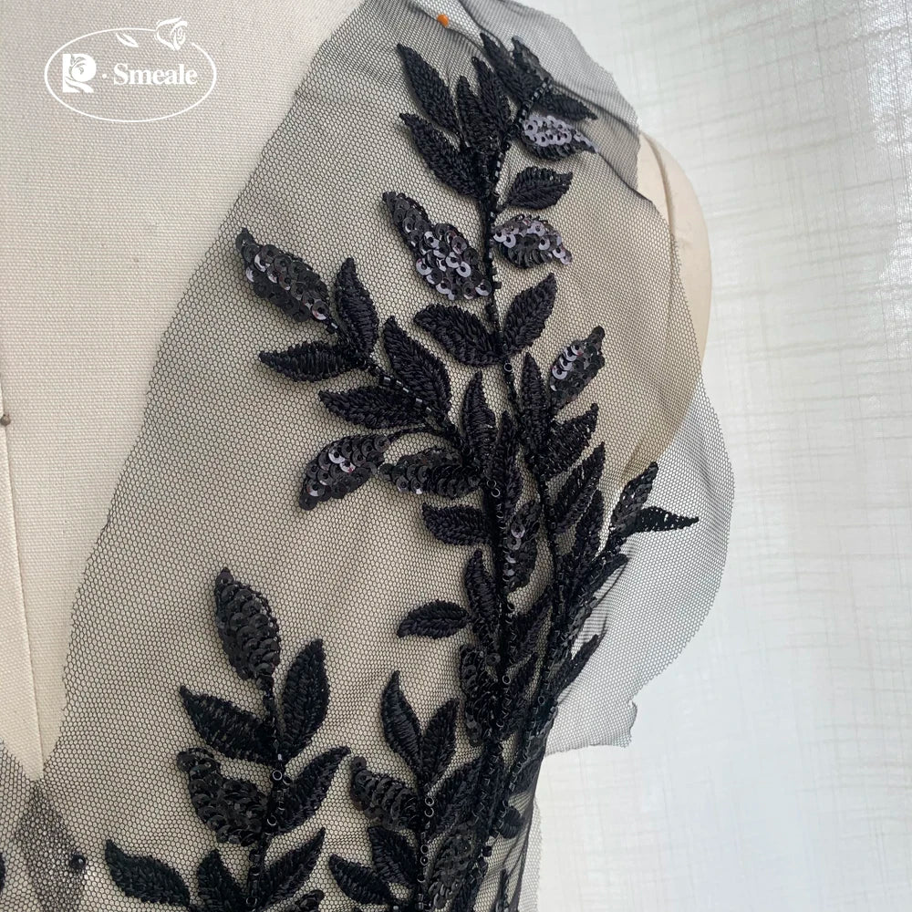 46 x 12.5CM High-quality Beaded Sequin Leaves Embroidered Lace Applique