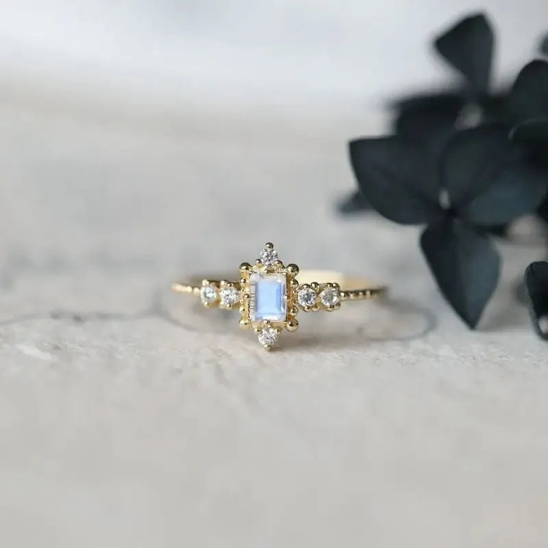 Rococo Style 18k Gold Plated Moonstone Ring Natural Gemstone