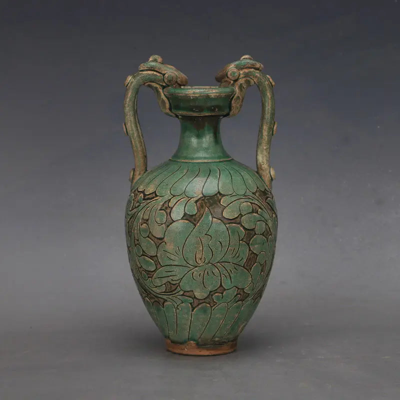 China Song Dynasty Cizhou Kiln Green Glaze Twin Dragon Antique Porcelain vase