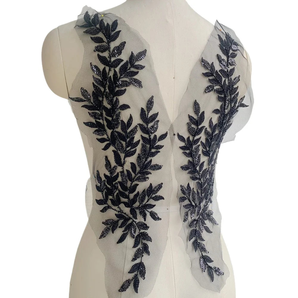 46 x 12.5CM High-quality Beaded Sequin Leaves Embroidered Lace Applique