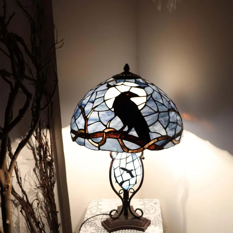 Raven in Full Moon -Tiffany Style Stained Glass Table Lamp