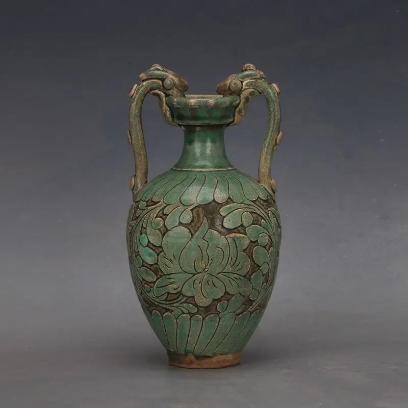 China Song Dynasty Cizhou Kiln Green Glaze Twin Dragon Antique Porcelain vase