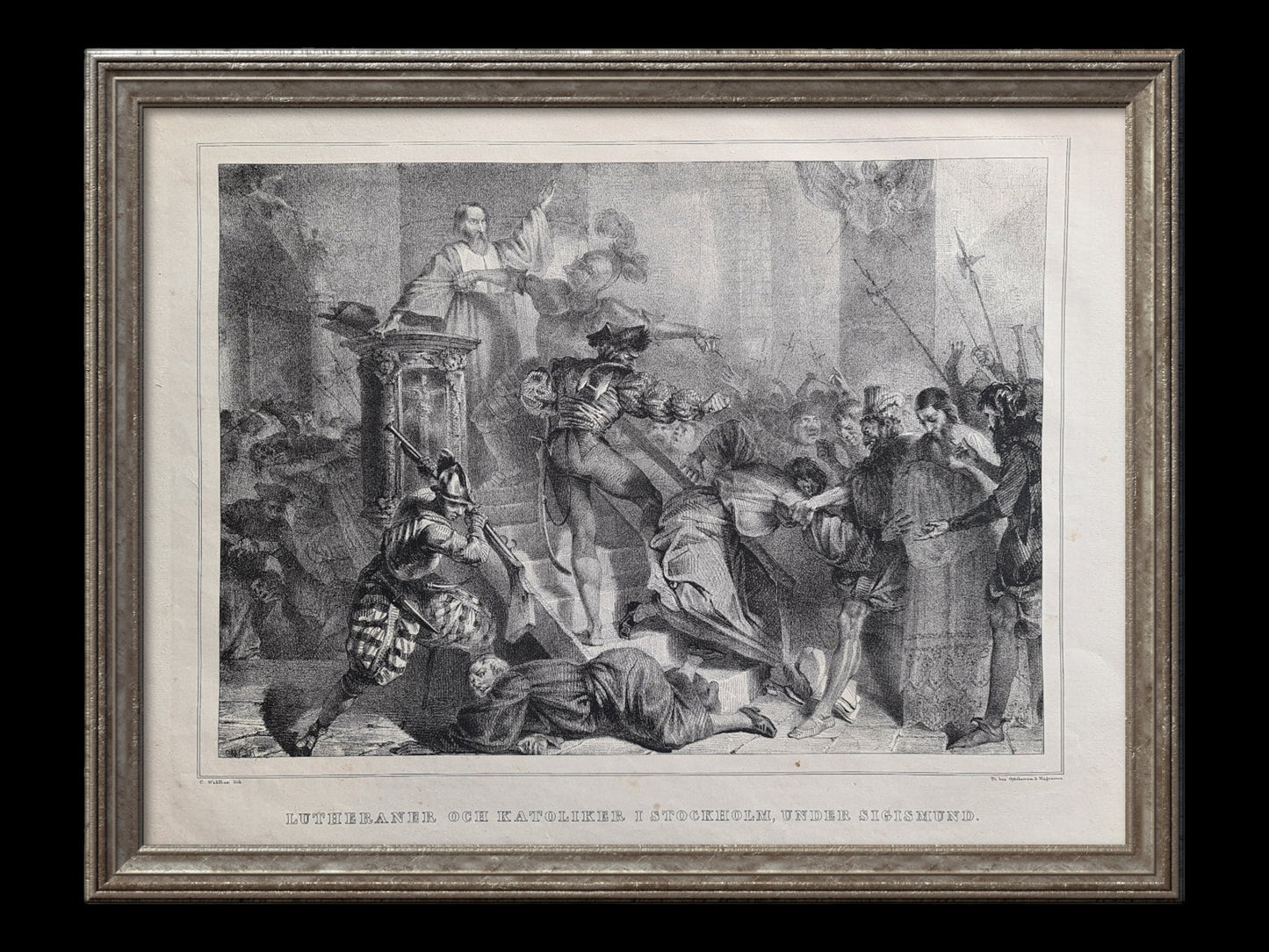 Lutherans and catholics killing eachother in Stockholm by C. Wahlbom, litography