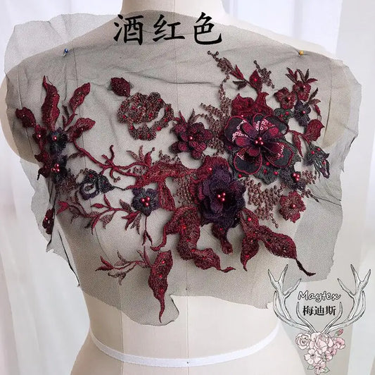 Burgundy 3D Lace Flowers Applique Trim 29*35CM