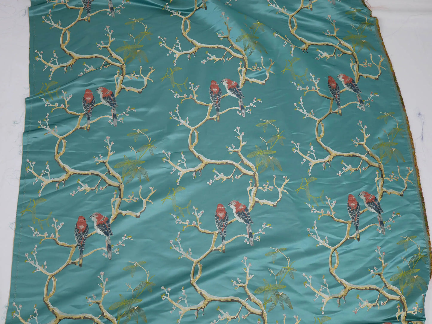 Green Jacquard Fabric with Birds