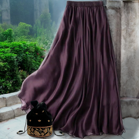 100% Mulberry Silk Solid Purple Long skirt