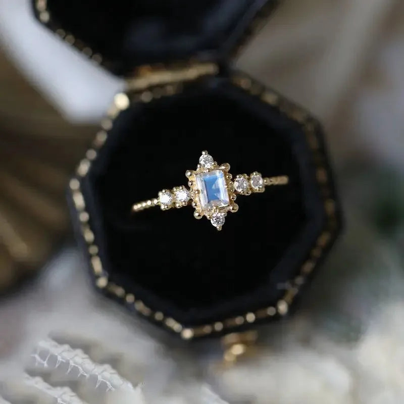Rococo Style 18k Gold Plated Moonstone Ring Natural Gemstone