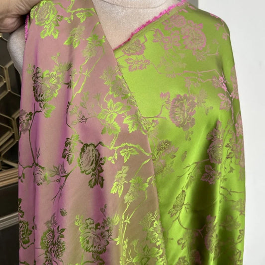 1 meter 65% Mulberry Silk 35% Cotton 22 momme Brocade Silk Fabric Green Floral 110cm 43" wide