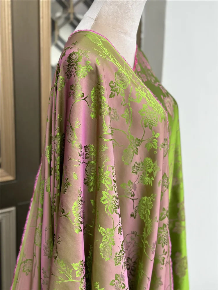 1 meter 65% Mulberry Silk 35% Cotton 22 momme Brocade Silk Fabric Green Floral 110cm 43" wide