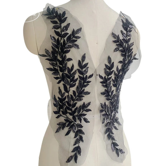 46 x 12.5CM High-quality Beaded Sequin Leaves  Embroidered Lace Applique