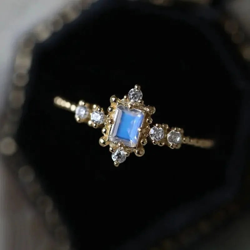 Rococo Style 18k Gold Plated Moonstone Ring Natural Gemstone