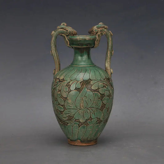 China Song Dynasty Cizhou Kiln Green Glaze Twin Dragon Antique Porcelain vase