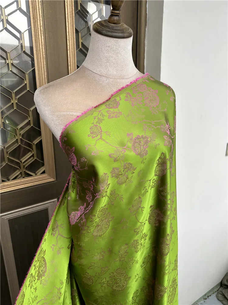 1 meter 65% Mulberry Silk 35% Cotton 22 momme Brocade Silk Fabric Green Floral 110cm 43" wide