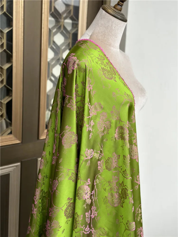 1 meter 65% Mulberry Silk 35% Cotton 22 momme Brocade Silk Fabric Green Floral 110cm 43" wide