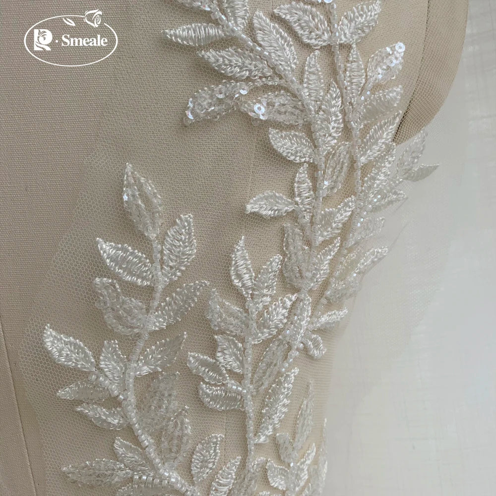 46 x 12.5CM High-quality Beaded Sequin Leaves  Embroidered Lace Applique