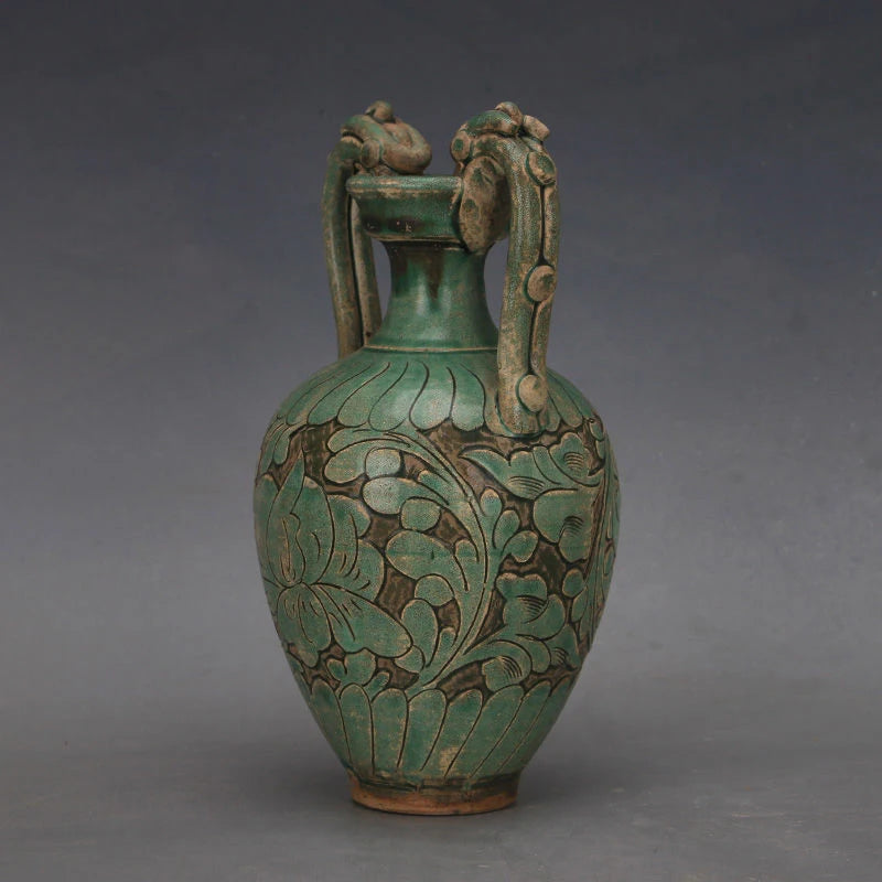 China Song Dynasty Cizhou Kiln Green Glaze Twin Dragon Antique Porcelain vase