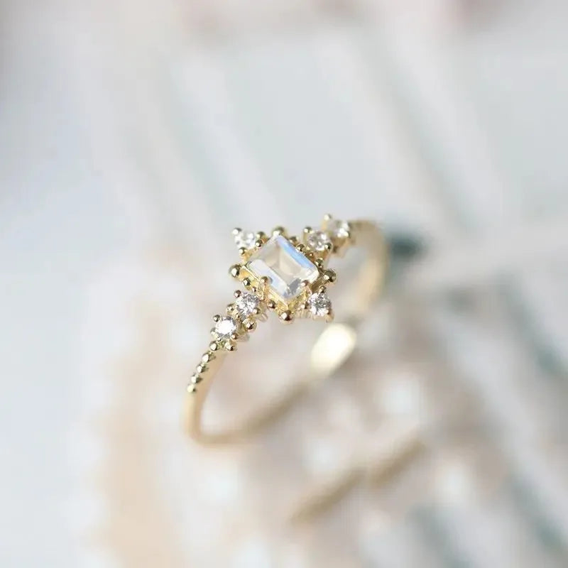 Rococo Style 18k Gold Plated Moonstone Ring Natural Gemstone