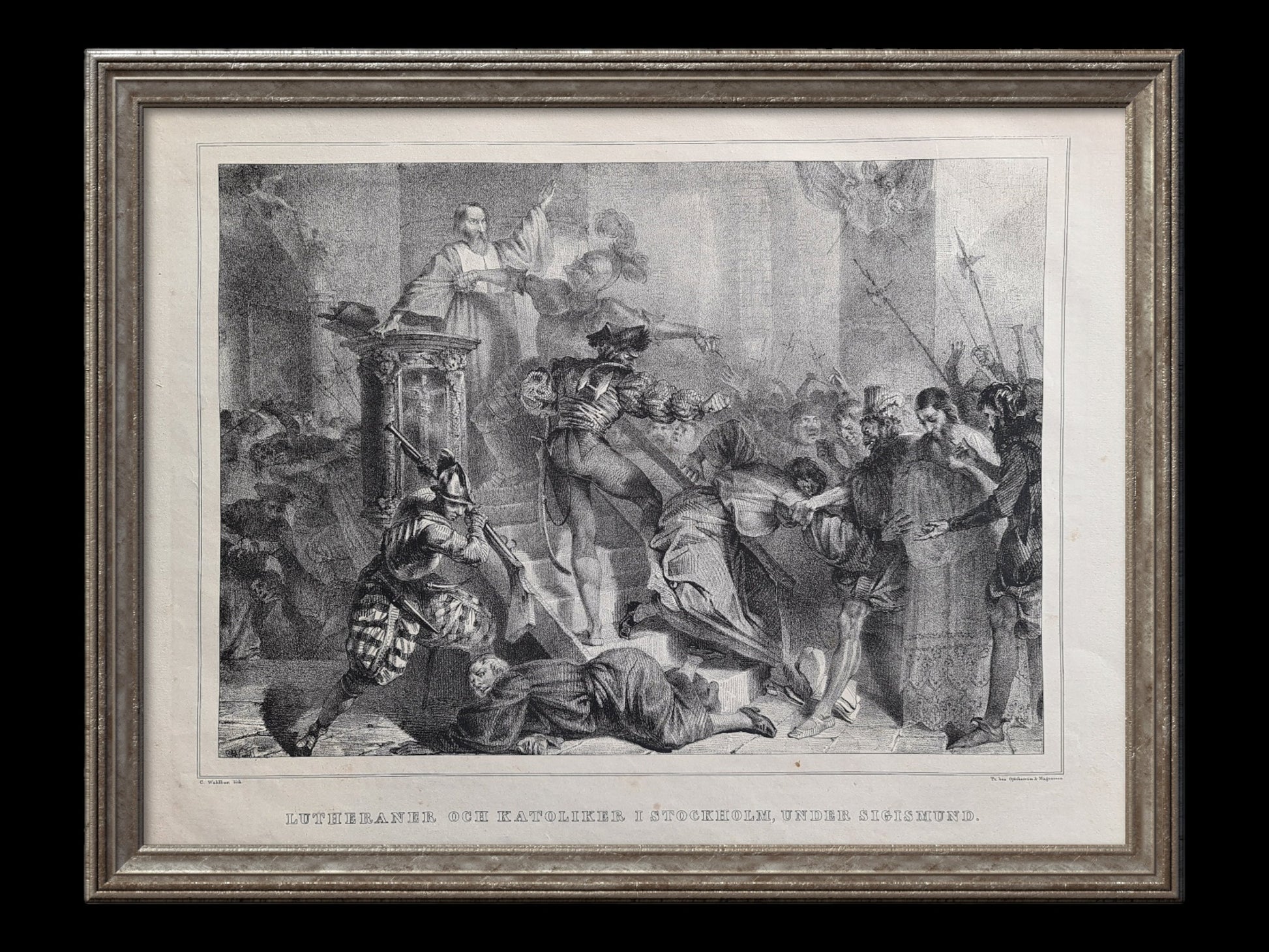 Lutherans and catholics killing eachother in Stockholm by C. Wahlbom, litography