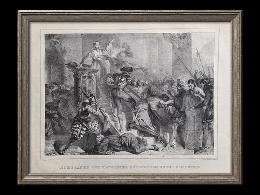 Lutherans and catholics killing eachother in Stockholm by C. Wahlbom, litography